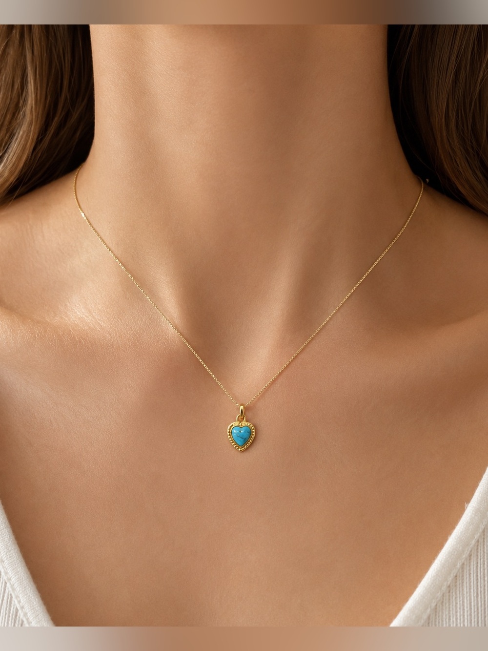 18K Gold Over Stainless Steel Tiny Dainty Turquoise Heart Necklace